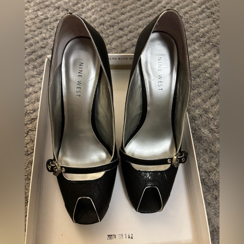 Nine West Black and Silver Peep-Toe Heels